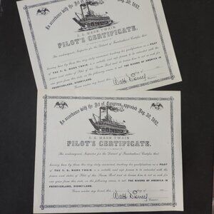 Two Vintage 1950s Disneyland Frontierland S.S. Mark Twain Pilot's Certificates